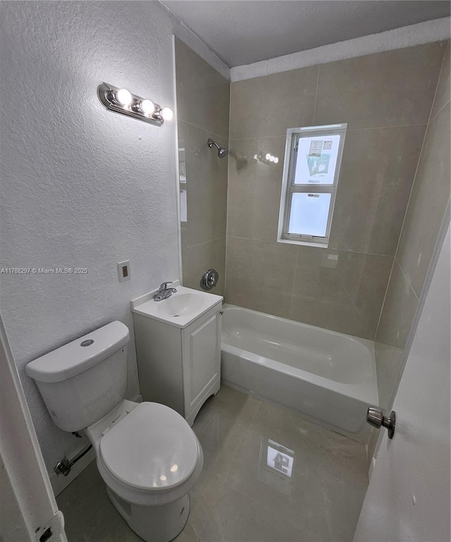 450 NW 84th St Unit 450, Miami, FL 33150 - full bath featuring tub / shower combination, toilet, a textured wall, vanity, and tile patterned flooring