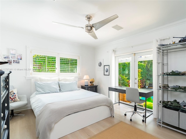 5510 San Vicente St, Coral Gables, FL 33146 - bedroom with wood finished floors, access to outside, ceiling fan, and crown molding