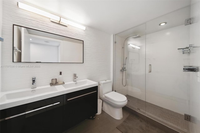 21055 Yacht Club Dr Unit 3101, Aventura, FL 33180 - bathroom with a shower stall, vanity, decorative backsplash, toilet, and visible vents