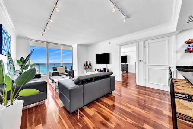 living area featuring hardwood / wood-style floors, visible vents, rail lighting, and crown molding