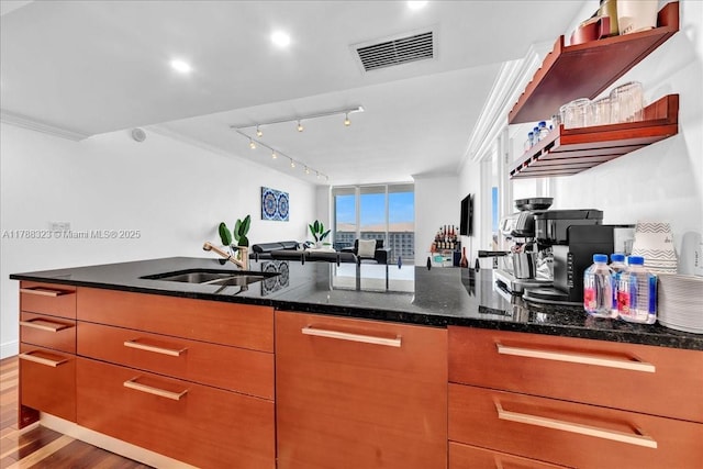 1830 S Ocean Dr Unit Lph4910, Hallandale Beach, FL 33009 - kitchen with a sink, open shelves, wood finished floors, dark stone counters, and crown molding