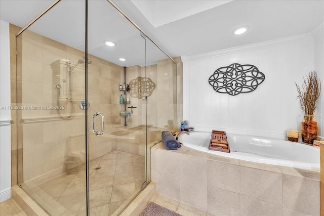1830 S Ocean Dr Unit Lph4910, Hallandale Beach, FL 33009 - bathroom with a bath, a shower stall, tile patterned flooring, and recessed lighting
