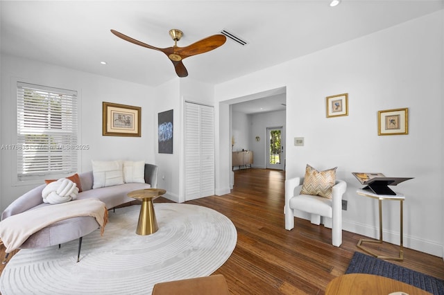 55 NE 87th St, El Portal, FL 33138 - living room with ceiling fan, visible vents, wood finished floors, baseboards, and recessed lighting