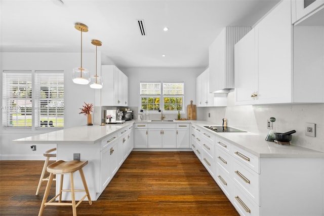 55 NE 87th St, El Portal, FL 33138 - kitchen with a kitchen bar, tasteful backsplash, a sink, a peninsula, and black electric stovetop