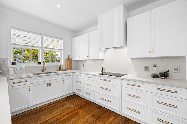 55 NE 87th St, El Portal, FL 33138 - kitchen with wall chimney range hood, backsplash, dark wood finished floors, a sink, and black electric stovetop