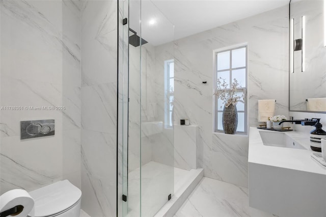 55 NE 87th St, El Portal, FL 33138 - full bath with tile walls, vanity, toilet, marble finish floor, and a marble finish shower
