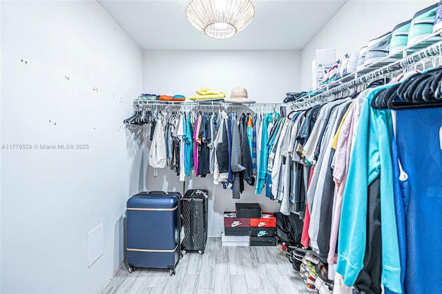 walk in closet with wood finished floors