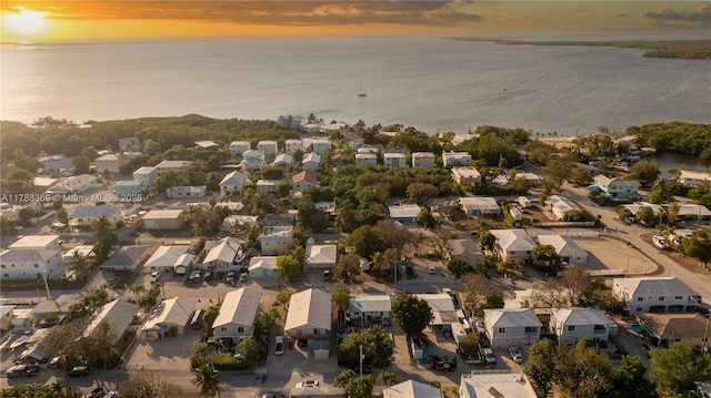 drone / aerial view featuring a water view and a residential view