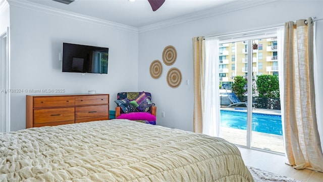 2105 Arch Creek Dr, North Miami, FL 33181 - bedroom featuring access to outside, crown molding, wood finished floors, and a ceiling fan