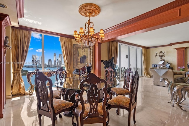 3201 NE 183rd St Unit 1107, Aventura, FL 33160 - dining area with a view of city, crown molding, and a chandelier