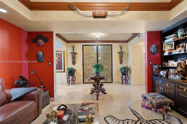 3201 NE 183rd St Unit 1107, Aventura, FL 33160 - living area featuring baseboards, crown molding, and a tray ceiling
