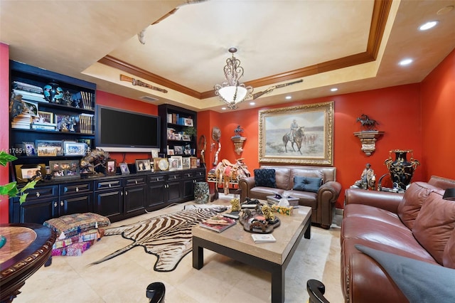 3201 NE 183rd St Unit 1107, Aventura, FL 33160 - living room featuring crown molding, a tray ceiling, and recessed lighting