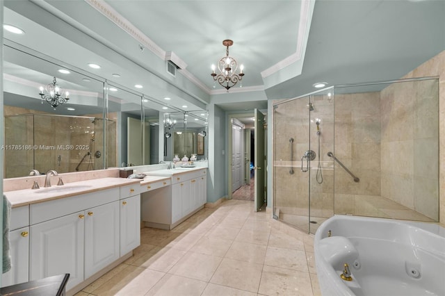 3201 NE 183rd St Unit 1107, Aventura, FL 33160 - bathroom with ornamental molding, a chandelier, visible vents, and a stall shower