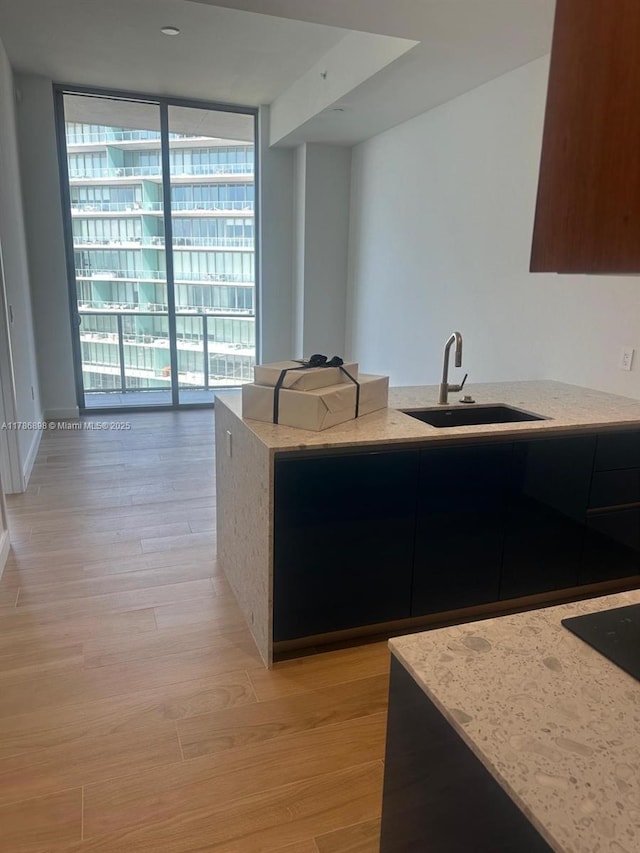 2655 S Bayshore Dr Unit 1607, Miami, FL 33133 - kitchen with a wall of windows, light stone countertops, light wood-type flooring, a sink, and black electric stovetop