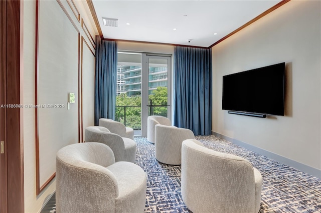 2655 S Bayshore Dr Unit 1607, Miami, FL 33133 - living area featuring crown molding, baseboards, and visible vents