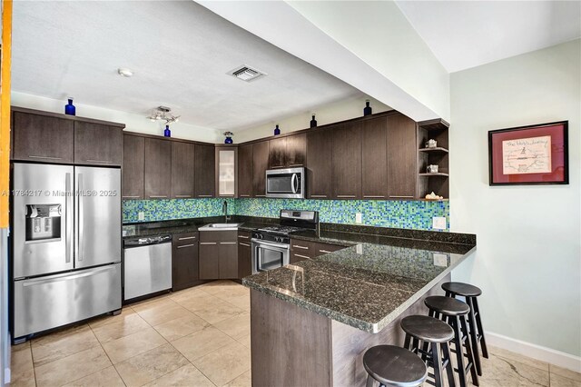 5700 NE 5th Ave, Miami, FL 33137 - kitchen with stainless steel appliances, dark brown cabinets, a peninsula, and backsplash