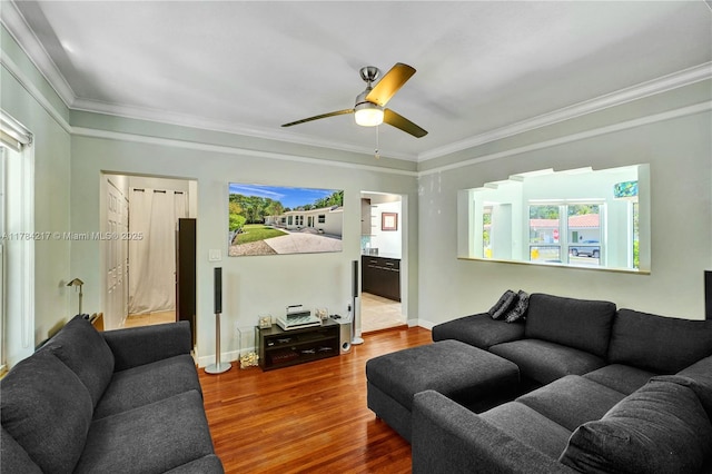 5700 NE 5th Ave, Miami, FL 33137 - living room with ceiling fan, plenty of natural light, wood finished floors, and crown molding