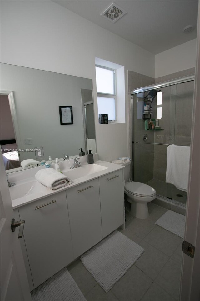 full bath with vanity, visible vents, and a stall shower