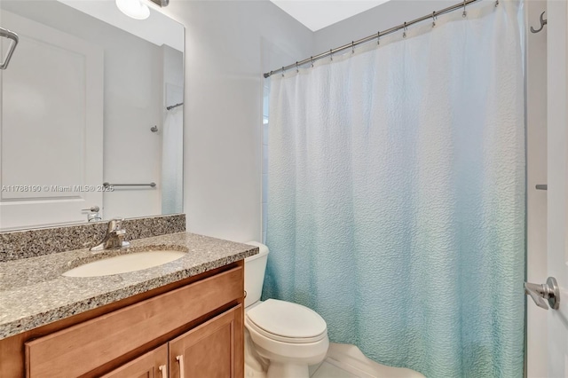 full bathroom with toilet, vanity, and shower / bathtub combination with curtain