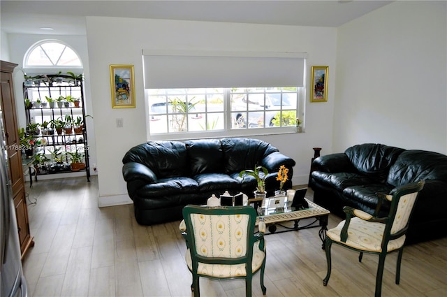 living room with baseboards and wood finished floors