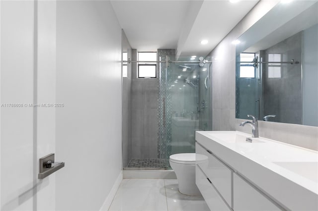 2500 Parkview Dr Unit 1121, Hallandale Beach, FL 33009 - bathroom featuring a shower stall, toilet, a sink, baseboards, and recessed lighting