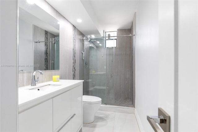 2500 Parkview Dr Unit 1121, Hallandale Beach, FL 33009 - bathroom featuring a stall shower, vanity, marble finish floor, toilet, and recessed lighting