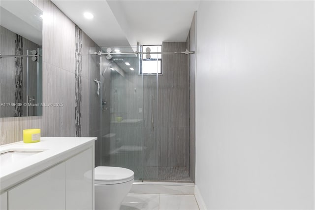 2500 Parkview Dr Unit 1121, Hallandale Beach, FL 33009 - bathroom featuring marble finish floor, toilet, vanity, baseboards, and a stall shower