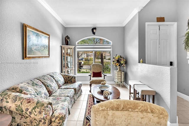 7738 NW 17th Pl, Pembroke Pines, FL 33024 - living room featuring light tile patterned flooring, ornamental molding, and baseboards