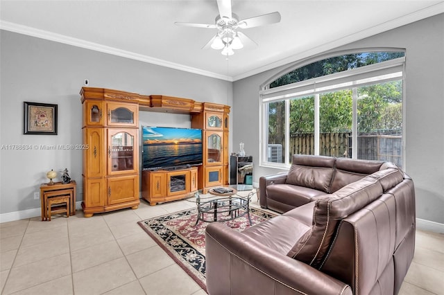 7738 NW 17th Pl, Pembroke Pines, FL 33024 - living area featuring light tile patterned flooring, baseboards, a ceiling fan, and ornamental molding