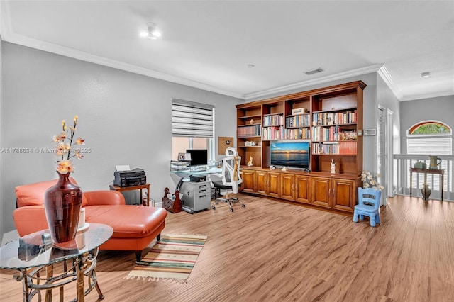 7738 NW 17th Pl, Pembroke Pines, FL 33024 - office area featuring ornamental molding, light wood-style floors, and baseboards