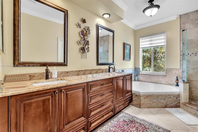 7738 NW 17th Pl, Pembroke Pines, FL 33024 - full bathroom with a bath, ornamental molding, double vanity, tile patterned floors, and a shower