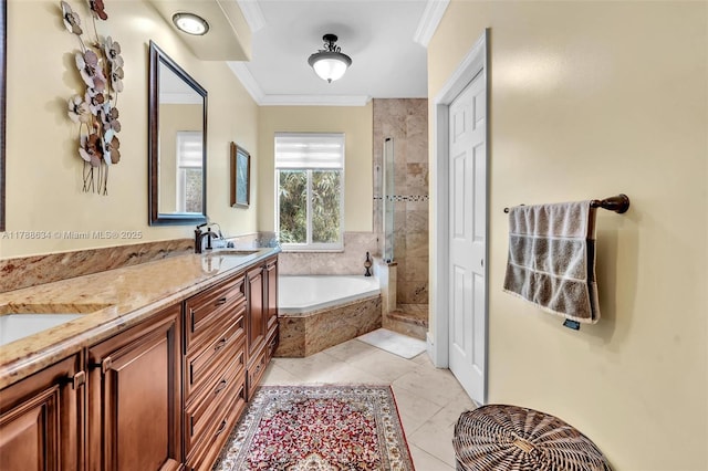 7738 NW 17th Pl, Pembroke Pines, FL 33024 - full bath featuring ornamental molding, a shower stall, a garden tub, tile patterned flooring, and double vanity