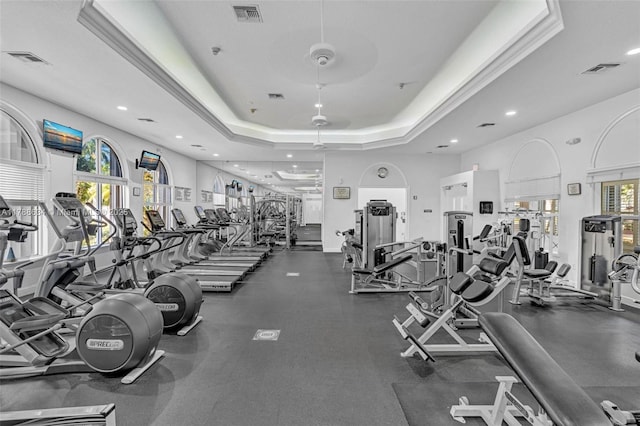 7738 NW 17th Pl, Pembroke Pines, FL 33024 - gym featuring a tray ceiling and recessed lighting