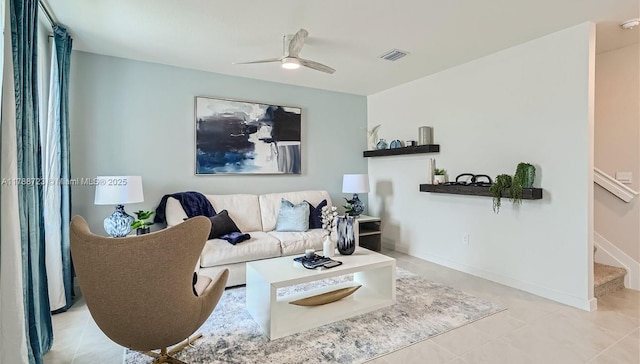 1472 NE 3rd Ave, Florida City, FL 33034 - living room featuring a ceiling fan, tile patterned flooring, stairs, and visible vents