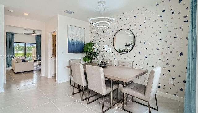 1472 NE 3rd Ave, Florida City, FL 33034 - dining space with a ceiling fan, wallpapered walls, light tile patterned flooring, baseboards, and visible vents
