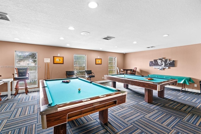 playroom featuring recessed lighting, carpet flooring, visible vents, pool table, and baseboards