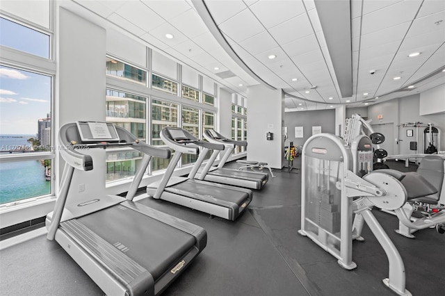 300 S Biscayne Blvd Unit L-802, Miami, FL 33131 - workout area with healthy amount of natural light, a water view, and recessed lighting