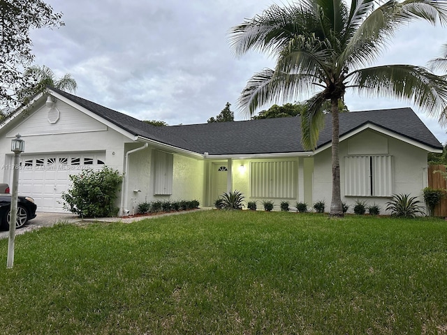 ranch-style home with stucco siding, a front lawn, a shingled roof, and a garage