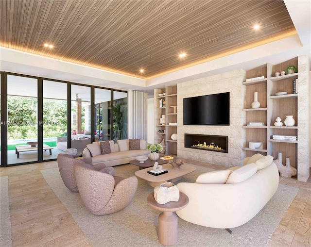 7840 SW 98th St, Miami, FL 33156 - living area featuring a raised ceiling, wood finished floors, built in features, and wooden ceiling