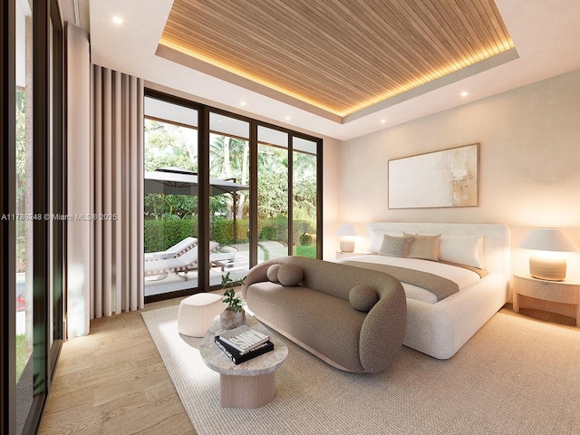 7840 SW 98th St, Miami, FL 33156 - bedroom with light wood finished floors, access to exterior, recessed lighting, wood ceiling, and a raised ceiling