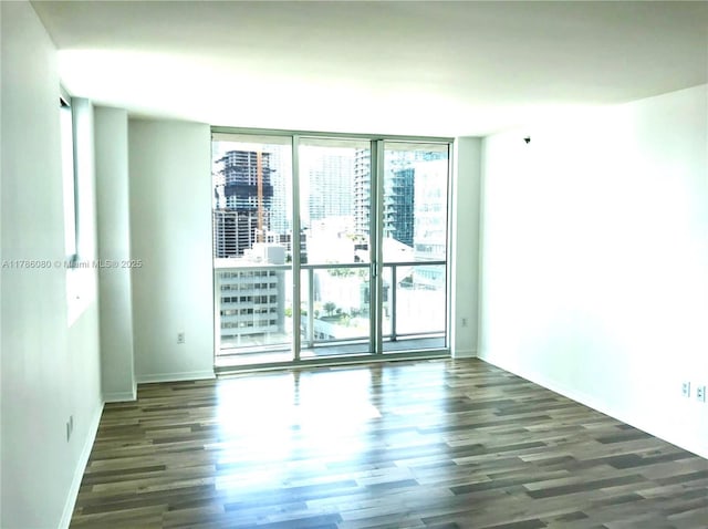 empty room with baseboards, wood finished floors, and a wall of windows