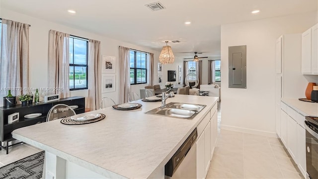 1326 NE 3rd Ave, Florida City, FL 33034 - kitchen featuring a sink, electric panel, dishwasher, white cabinetry, and visible vents