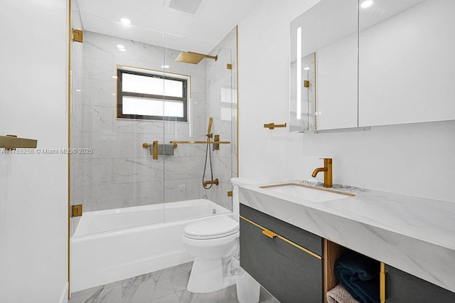 bathroom with marble finish floor, bathing tub / shower combination, visible vents, toilet, and vanity