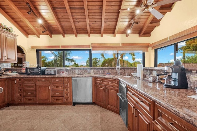 kitchen with light stone counters, tasteful backsplash, wooden ceiling, and ceiling fan