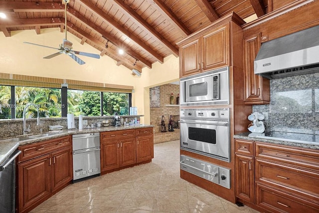 kitchen with a warming drawer, wooden ceiling, decorative backsplash, and stainless steel appliances