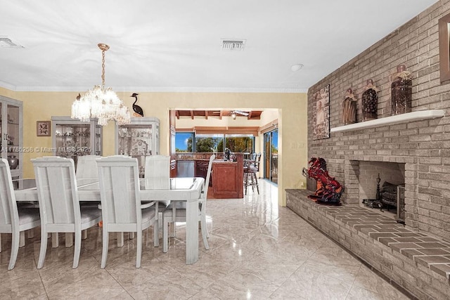 dining area with visible vents, marble finish floor, french doors, and an inviting chandelier