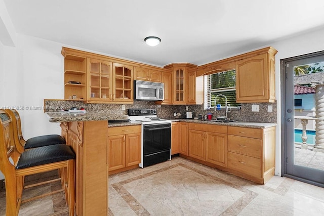 kitchen featuring a sink, plenty of natural light, glass insert cabinets, electric range oven, and stainless steel microwave