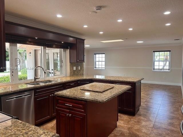 15242 SW 147th Ter, Miami, FL 33196 - kitchen with a sink, ornamental molding, dishwasher, recessed lighting, and a kitchen island