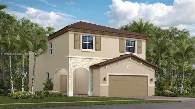 2650 SE 24th Ct, Homestead, FL 33034 - mediterranean / spanish-style home featuring stucco siding, stone siding, a tiled roof, an attached garage, and driveway
