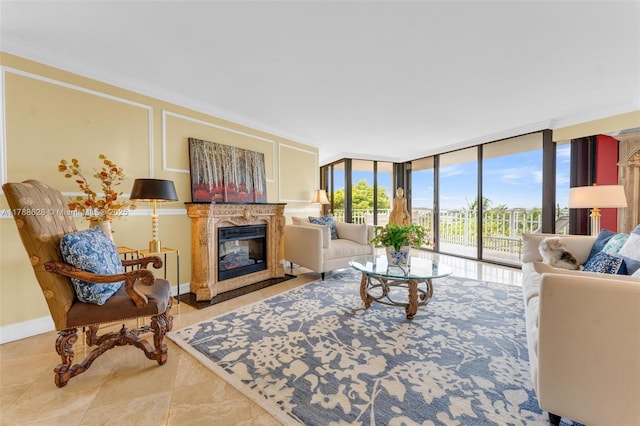 2000 Towerside Ter Unit 702, Miami, FL 33138 - living room featuring baseboards, floor to ceiling windows, and a premium fireplace
